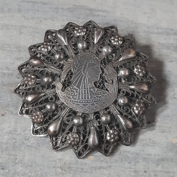 Vintage Sterling Silver Egyptian Filigree Brooch Pin Signed - Picture 2 of 14
